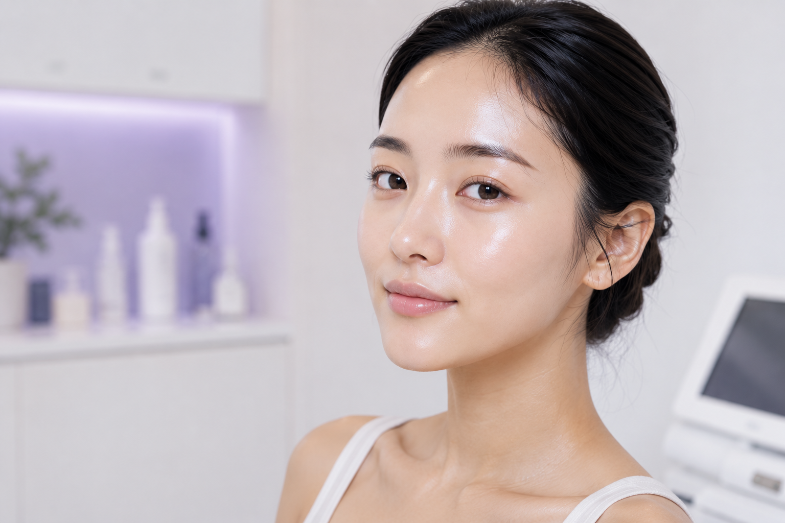 Woman with healthy glass skin in fifth sense clinic cheadle hulme
